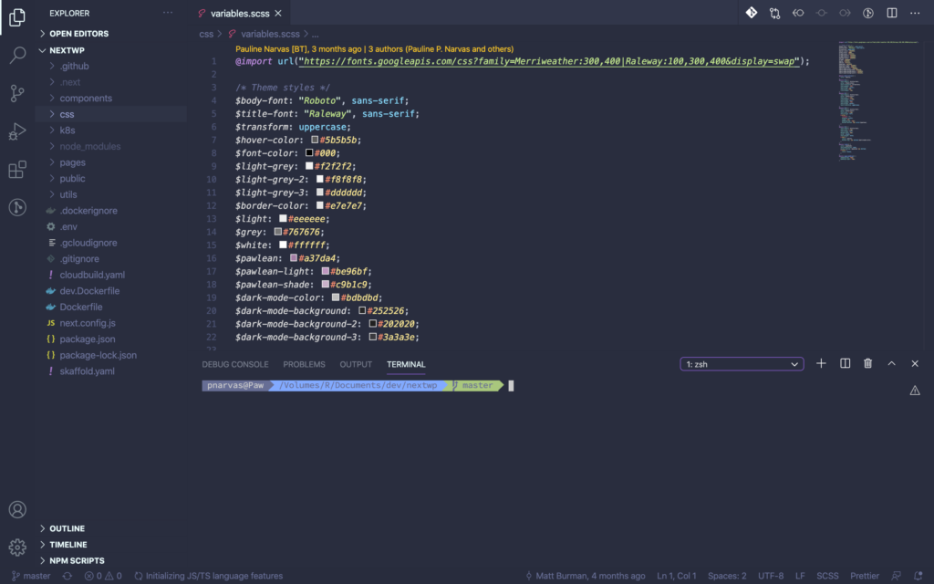 Visual Studio Code - showing one of my variables scss files